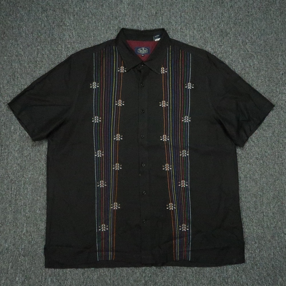 Nat Nast Shirt Mens Extra Large Black Silk Bowling Button Up Short Sleeve Luxury
